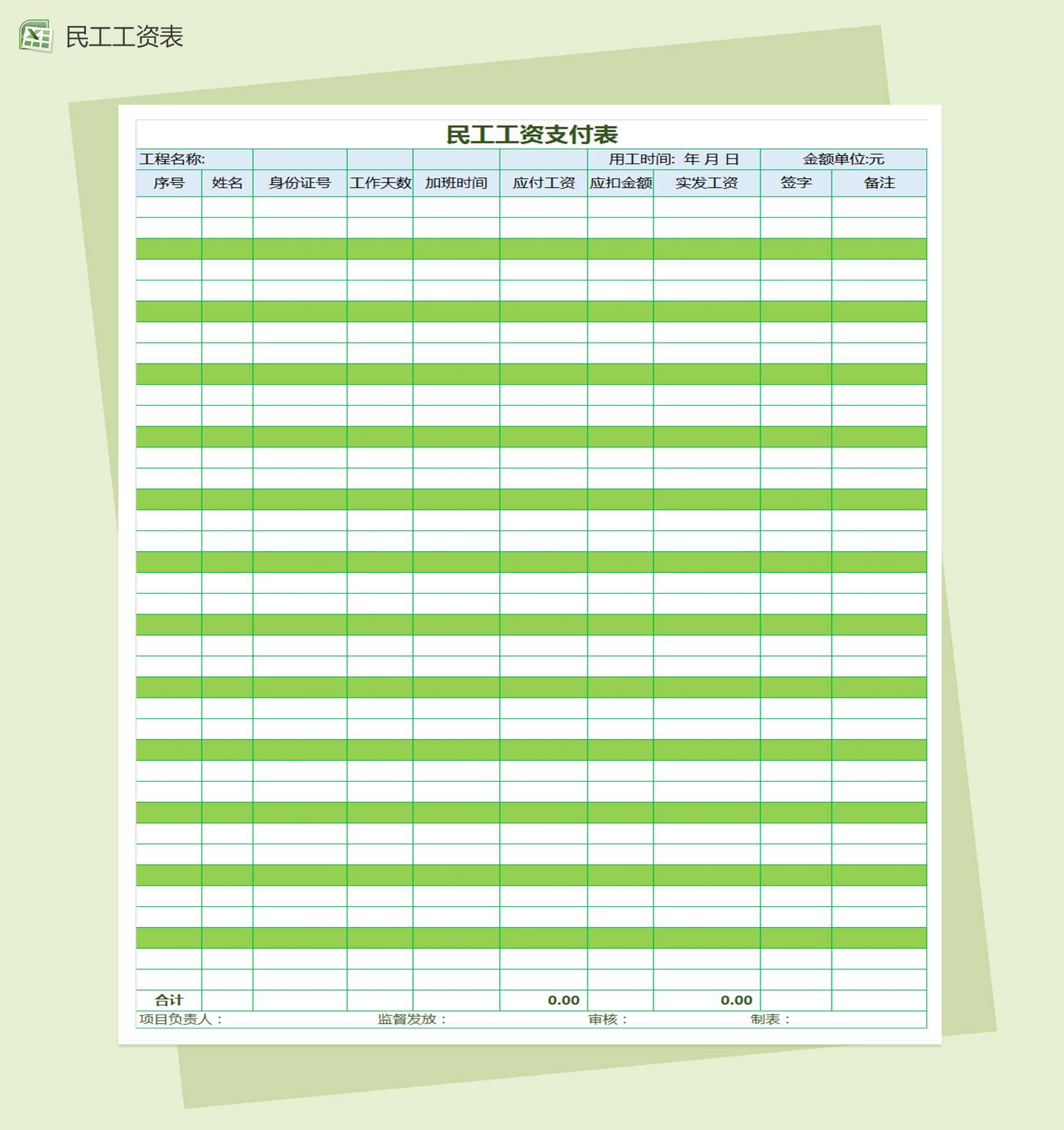 民工工资支付表excel表格模板-1