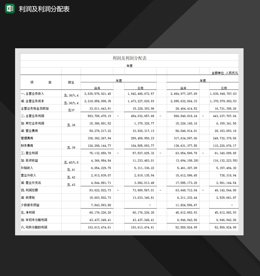 公司年度利润及利润分配表Excel模板