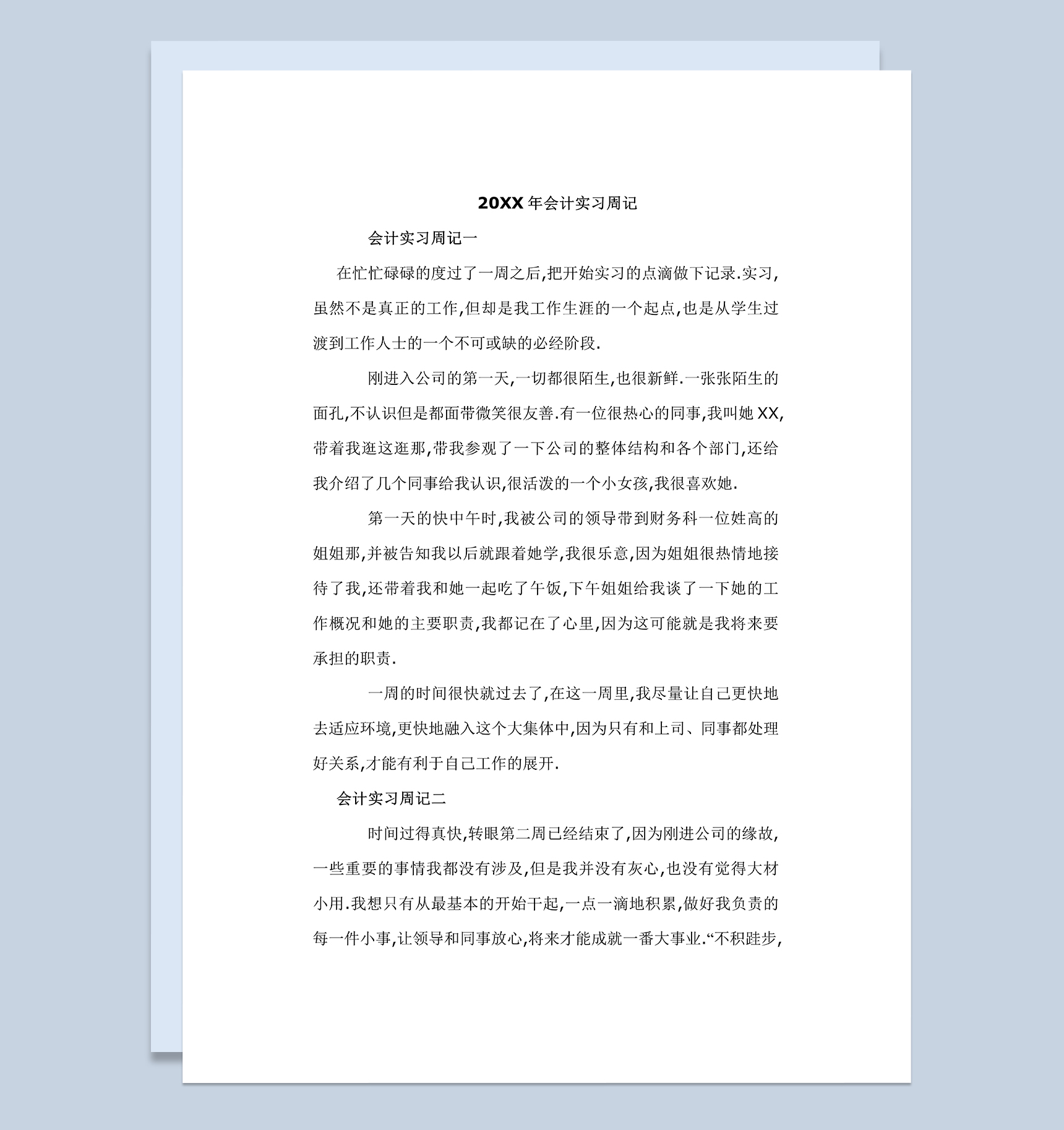 某公司会计文员实习周记会计助理实习日志范本Word模板